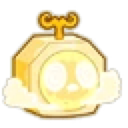 A golden, octagonal portal with a clockwork key on top, surrounded by glowing white clouds.