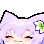A cute anime cat girl with purple hair and a flower behind her ear, wearing a smug, closed-eye grin.