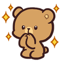 A brown cartoon bear with a shy, amazed expression and glowing gold stars surrounding it.