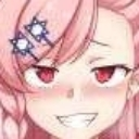 Anime girl with pink hair and red eyes giving a smug, mischievous grin.