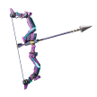 A stylized purple and cyan pixel art bow with an arrow nocked, set against a black background.