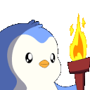 A cute blue penguin holding a burning torch in its wing.