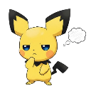 Pichu with a serious expression and a hand on its chin, featuring a thought bubble.