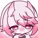 A pink-haired demon girl with horns blushing and looking shy.