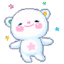 A cute white pixel bear with a pink star on its belly dancing happily with colorful sparkles.