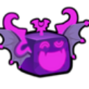 A purple cube vampire character with bat wings and a wide, mischievous grin.