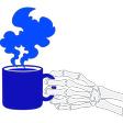 A skeletal hand holding a steaming blue coffee mug against a black background.