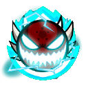 Demon face with glowing red eyes and sharp teeth surrounded by a bright blue lightning aura.