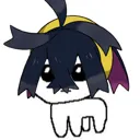 A small white creature with black hair and a yellow headband looking extremely happy.
