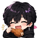 Anime boy with black hair happily eating a fried chicken drumstick with a heart icon nearby.