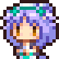 A small pixel-art girl with purple hair and teal accessories looking on with a smug expression.
