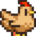 A small brown pixelated chicken with a yellow beak and red comb standing still.