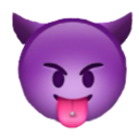 Purple imp face with horns sticking out its tongue featuring a silver tongue piercing.