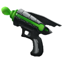 Raygun with a black handle and a glowing green barrel pointed to the left.