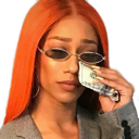 Woman with orange hair and sunglasses wiping tears from her eye using a hundred-dollar bill.