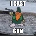 A cartoon gnome with a long orange beard holding a handgun with the text I CAST GUN overlaid.