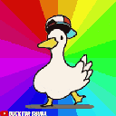 A white duck wearing a baseball cap dancing rhythmically against a rainbow-colored background.