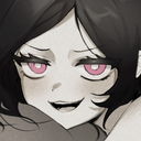 Ashley Graves with black hair and pink eyes giving a smug, mischievous grin.