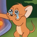 Jerry Mouse crying with large, glossy, tear-filled anime eyes while covering his mouth.