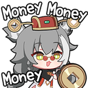 A chibi character with gray hair and red glasses holding a gold coin with the text Money Money Money surrounding them.
