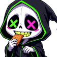 A chibi skeleton with green and pink X-shaped eyes wearing a black hood while eating a snack.