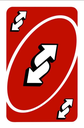 Uno reverse card with a red background and white arrows pointing in opposite directions.