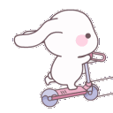 A cute white bunny riding a pink scooter with motion lines indicating speed.