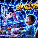 A baby sitting at a computer with glowing blue laser eyes and electricity crackling around them.
