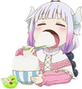 Kanna Kamui happily eating a large bowl of shaved ice with a spoon.