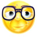 Yellow smiley face wearing thick black glasses and showing large front teeth.