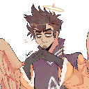 Adam from Hazbin Hotel with a smug expression and wings, looking relaxed.