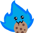 Blue flame character with a cute face eating a chocolate chip cookie.