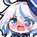 Furina from Genshin Impact looking flustered with a bright red blush on her cheeks and a distressed expression.