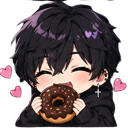 Anime boy with dark hair smiling happily while eating a chocolate donut surrounded by floating pink hearts.