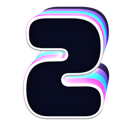 Number two with a dark center and glowing neon blue and purple layered edges.