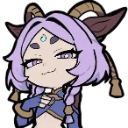 Yunara with purple hair and horns wearing a smug, self-satisfied grin.
