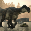 Iguanodon dinosaur walking through a misty, sunlit landscape.