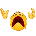 Yellow emoji face with eyes closed and mouth wide open in a scream, with hands raised in the air.