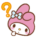My Melody looking confused with a large orange question mark floating above her head.