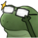 A green frog wearing glasses and adjusting them with a sparkle effect.
