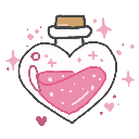 Heart-shaped glass bottle filled with pink liquid and surrounded by floating sparkles.