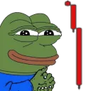 Pepe the Frog looking smug while standing next to a red stock market candle chart.