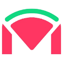 Letter M stylized with a pink geometric center and a green curved top arch.