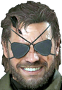 Venom Snake wearing an eyepatch and tactical gear with a wide, exaggerated, and mischievous grin.