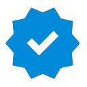 Blue twelve-pointed star badge with a black checkmark in the center.
