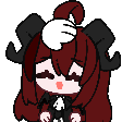 Demon girl with red hair and horns receiving head pats with floating hearts appearing.