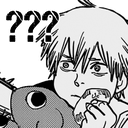 Denji from Chainsaw Man looking confused with question marks above his head while holding Pochita.