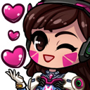 D.Va winking with a happy expression while surrounded by floating pink hearts.