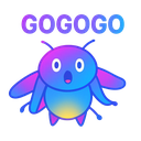 A cute blue and purple bug creature with wide eyes shouting GOGOGO in a neon font.