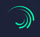 Alight Motion logo featuring a glowing green swirl on a dark blue background.